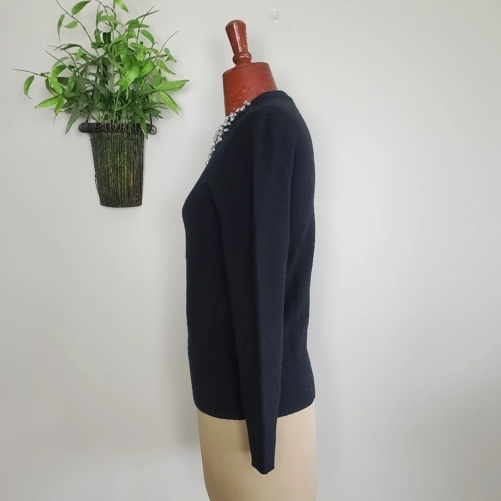 Kate Spade Do Wonders Black Rhinestone Crystals Crew Neck Wool Blend Sweater XS